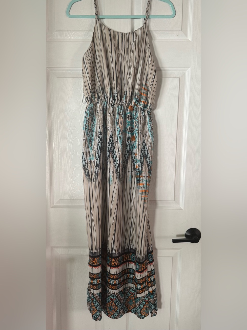 Sweet Rain Beige Maxi Dress with Teal & Orange Accents